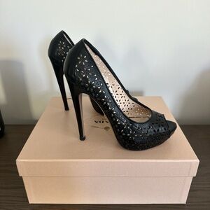 Black Prada open toe heels with flower detailing